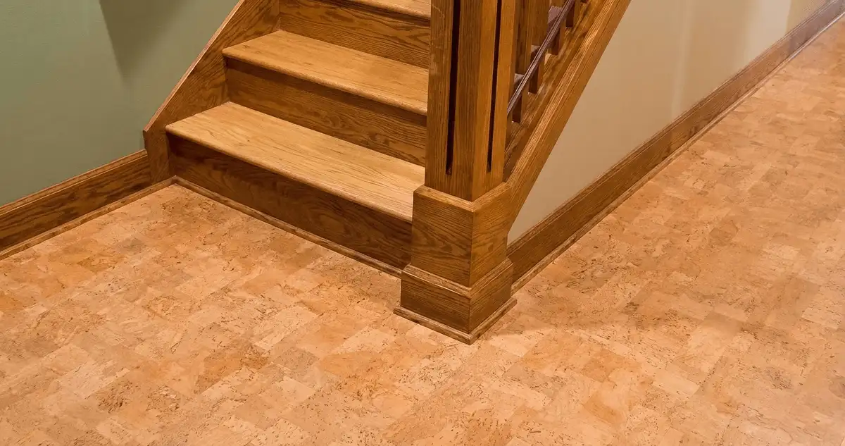 End of a staircase with cork flooring in Riverside, CA