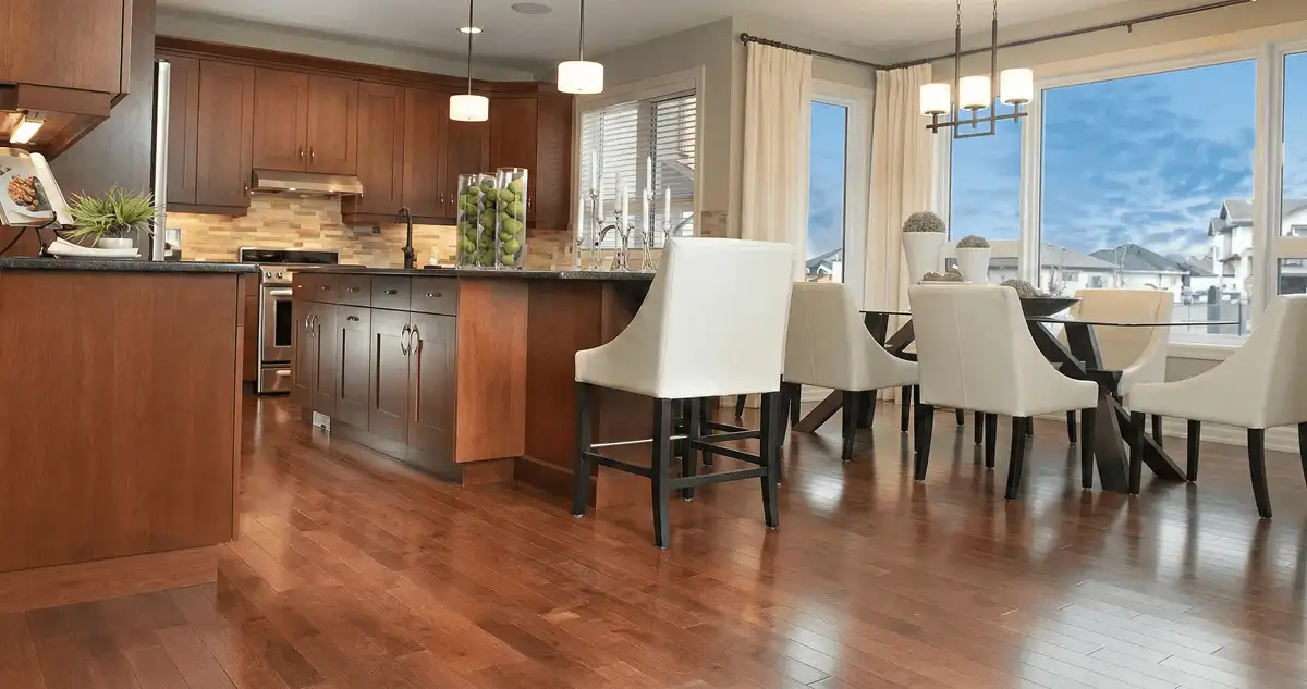 A modern kitchen with professionally installed wood flooring in Riverside, CA