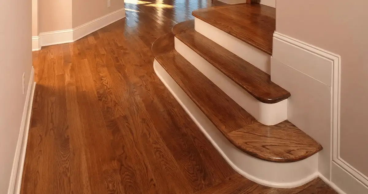 Base floor of a staircase with professionally restored wood flooring in Riverside CA