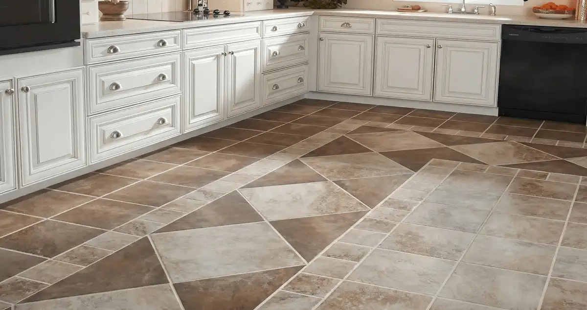 Kitchen with white cabinets and a professionally installed tile floor in Riverside, CA