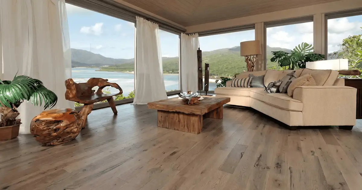 Professionally installed vinyl flooring in a modern living room with large windows in Riverside, CA
